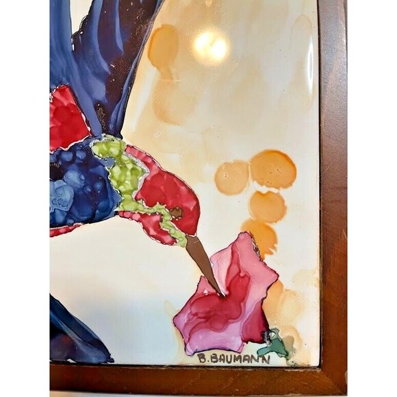 Beautiful Painted B. Baumann Blue Hummingbird & Pink Flower Framed Tile 7"x 7" - Picture 3 of 4
